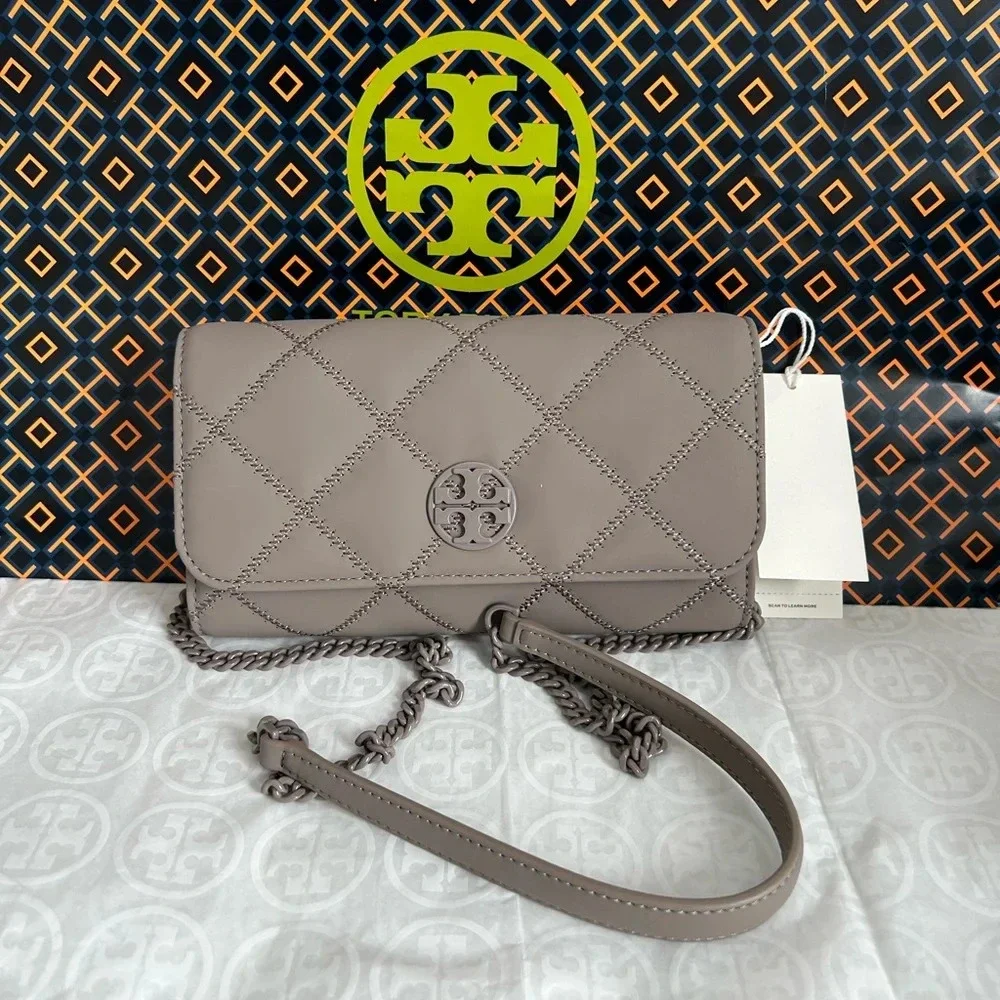Tory Burch Willa Matte Chain Wallet Crossbody Bag Gray Heron Silver Grey - Picture 1 of 12